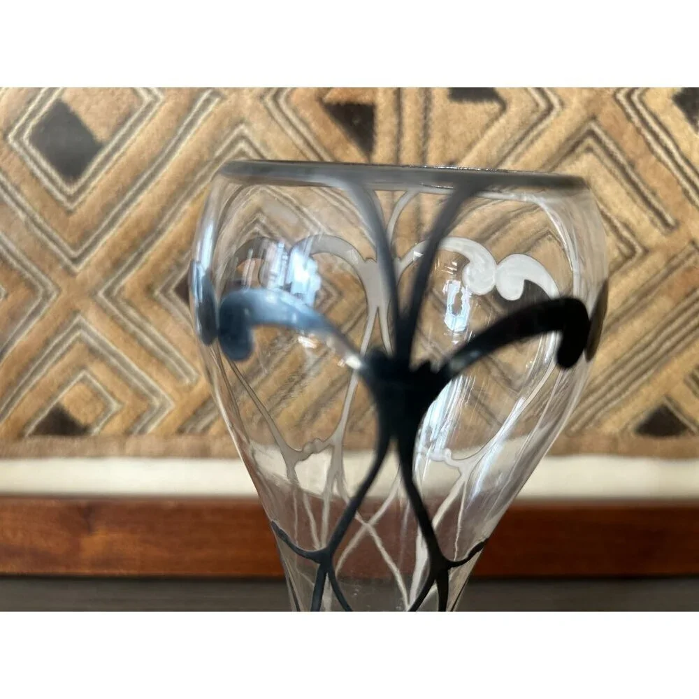 Handblown Art Glass Vase With Black & White Abstract Design - Elegant Decorative